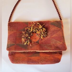 Unique OOAK Boho Fall Purse Shoulder Bag Rust Copper Fabric Woman's Face Detail